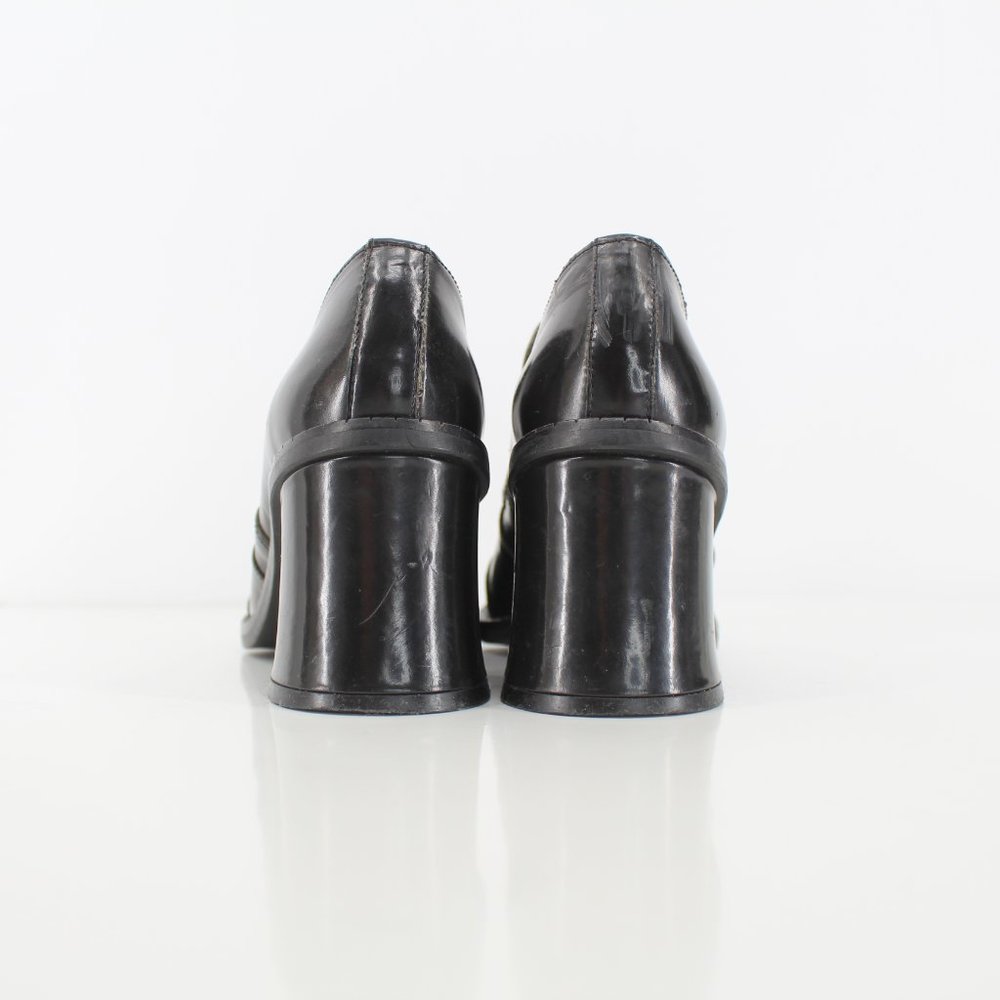 VTG 90s Black Leather Heeled Loafers Chunky Buckle Strap Shoes Italy Size 6.5/7 - Picture 8 of 12